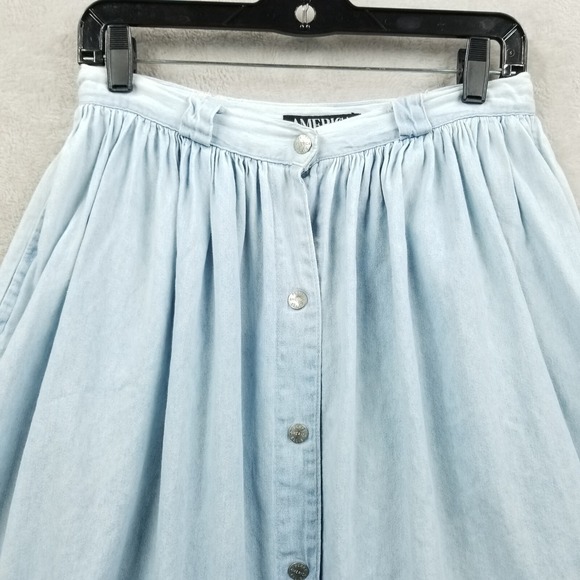 Vintage Skirt Women 10 Blue Denim Gathered Snap Front Pockets 90's Boho Cottage - Picture 4 of 9